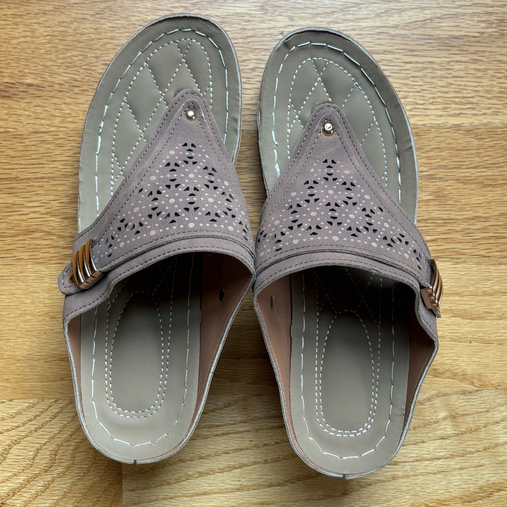 Women's Taupe Flip Flop Sandals with Laser-Cut Detail